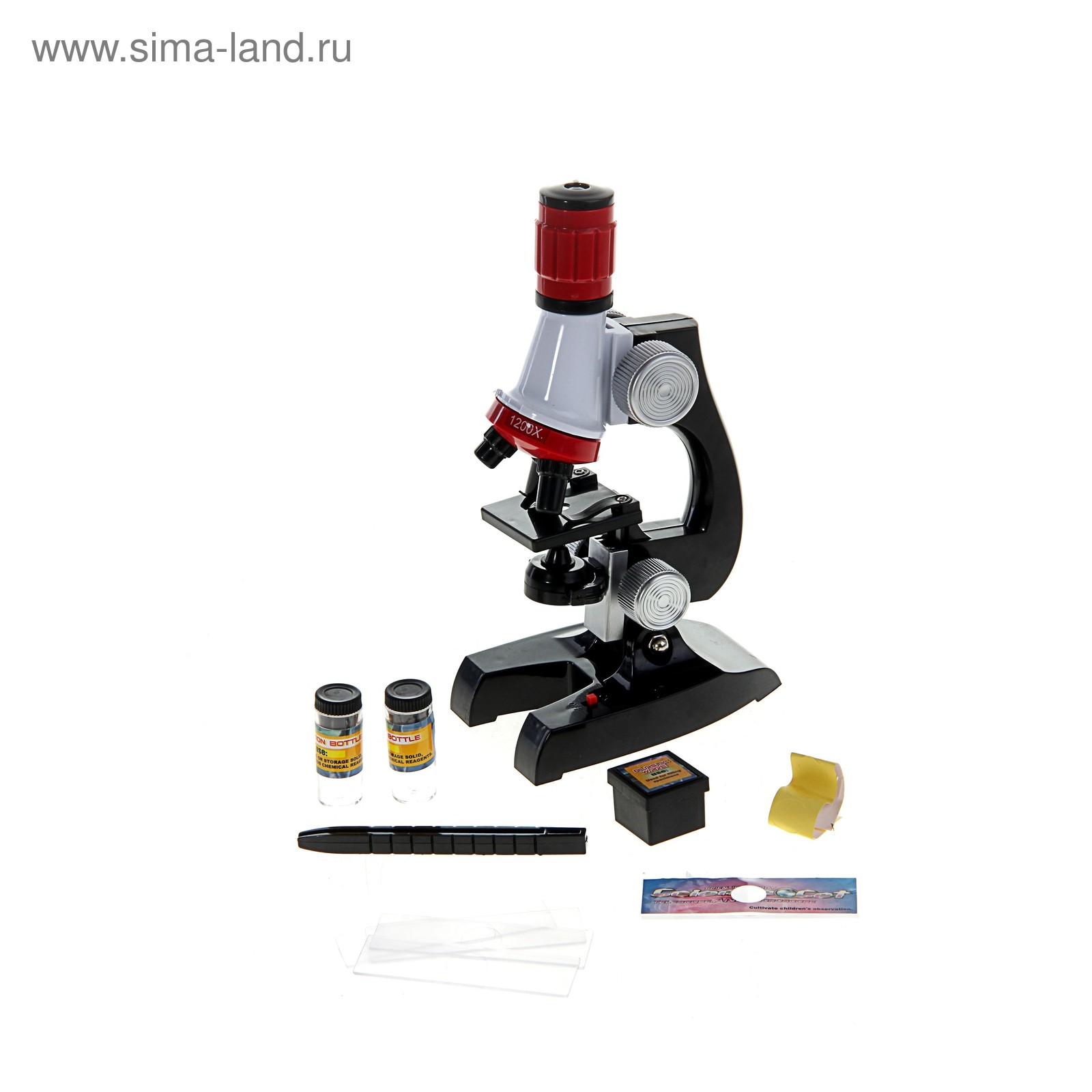 Микроскоп сувенирный "Школьный" 100х-400х-1200х, пинцет, 2 баночки, наклейки, 5 стекол