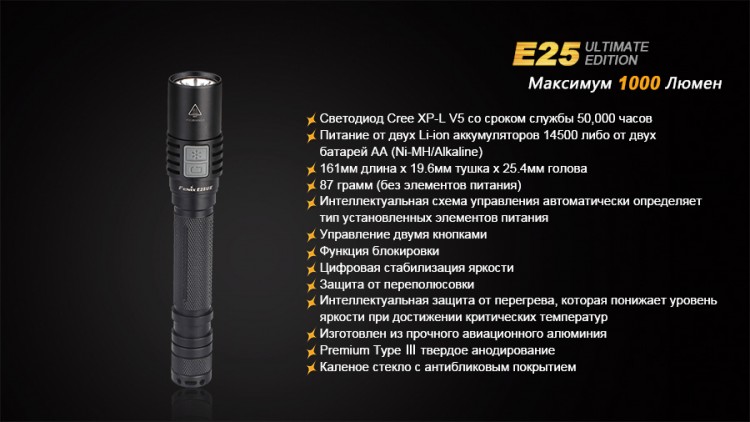 Сверхяркий алюминиевый фонарь Fenix E25XP-L V5