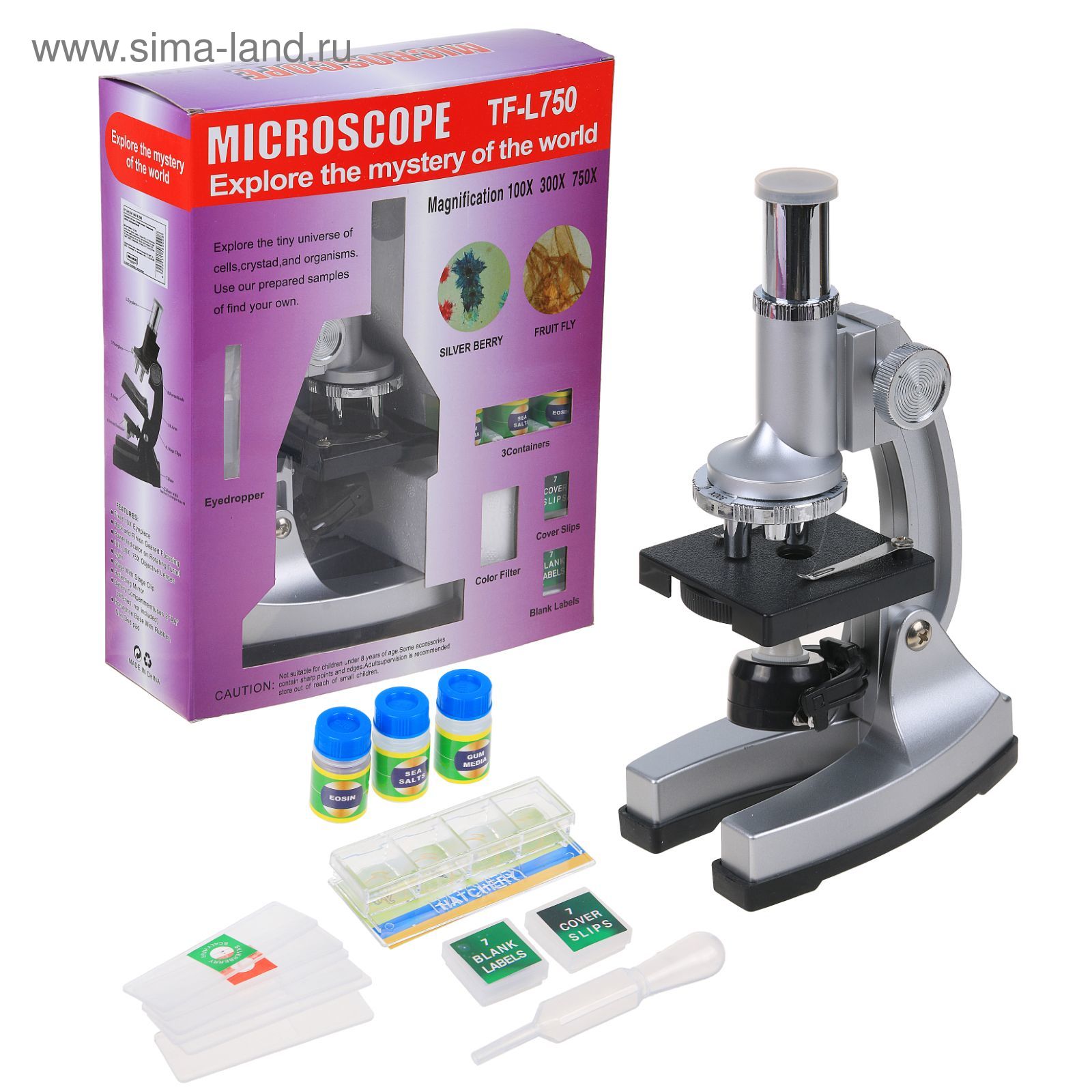 Микроскоп сувенирный "Естественный испытатель" 100х-200х-х750, 6 стекол, пинцет, 3 баночки