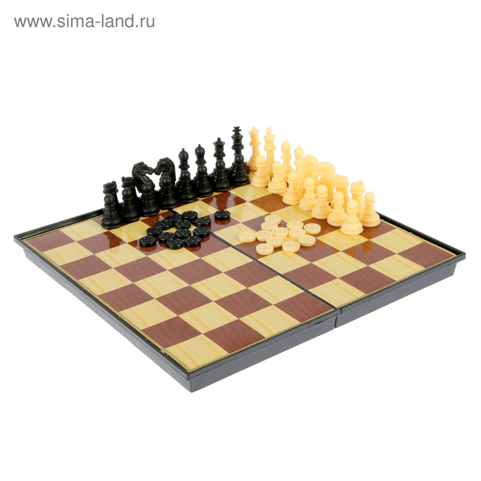 Игра настольная 2 в 1: шашки, шахматы, коричнево-бежевая доска 26 × 26 см, в коробке